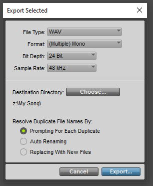 View of Pro Tools recommended export settings